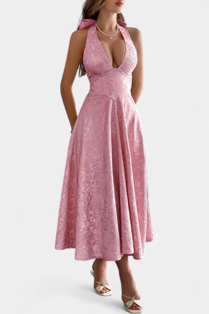 Vestido Gilda Midi Jacquard con Espalda Abierta y Cintura Alta