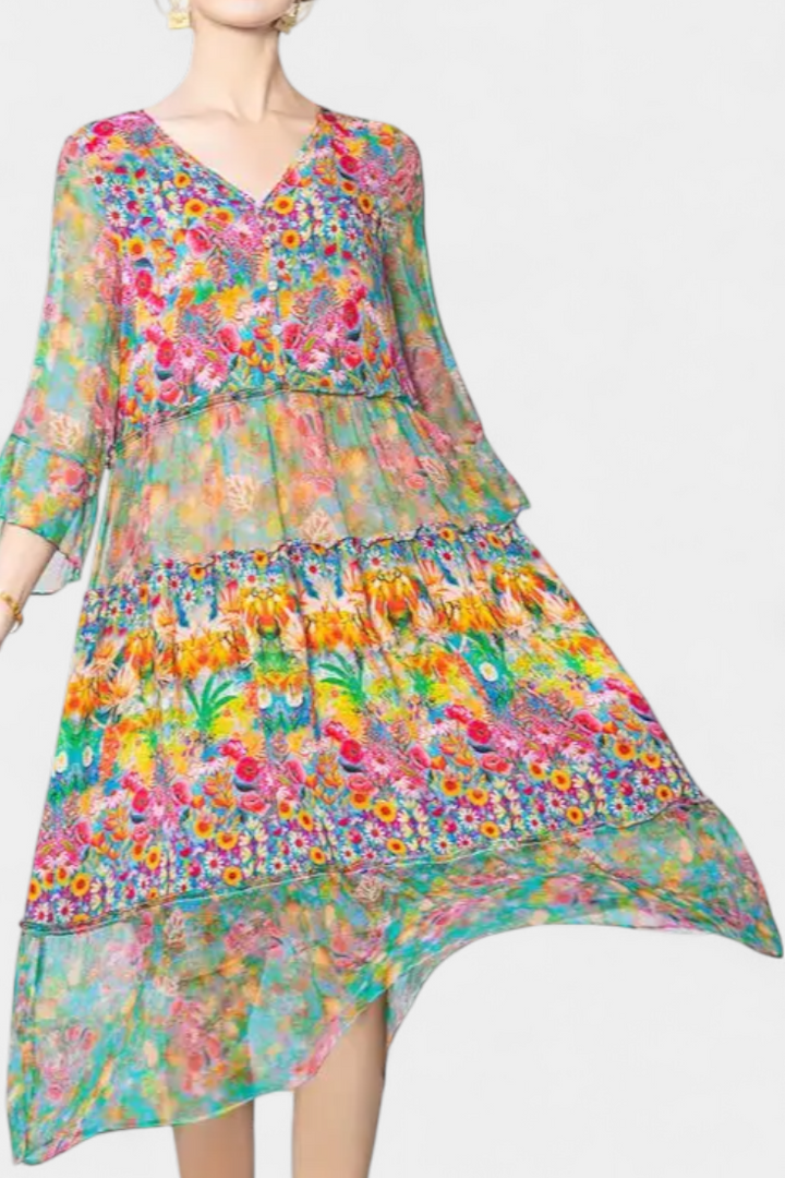 Kate Vestido Midi Vaporoso con Estampado Floral Artístico