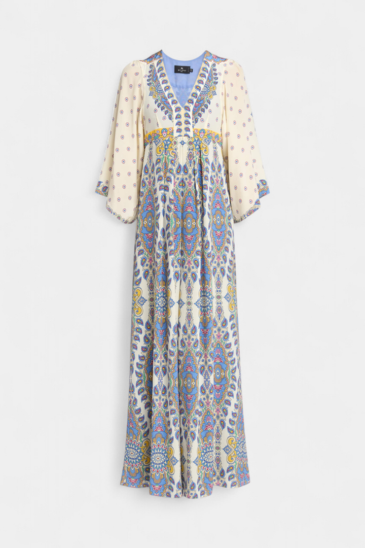 Novia Vestido Largo con Escote en V y Estampado Paisley Elegante