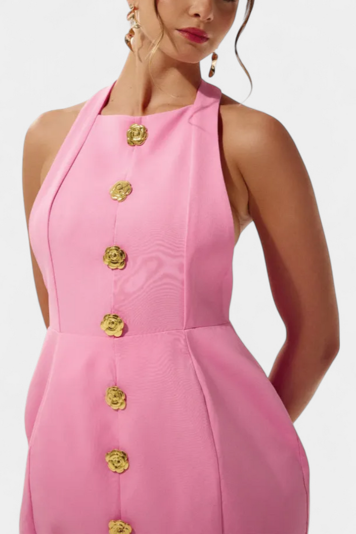 Yvonne Vestido Mini Escote Halter con Espalda Abierta y Detalle Floral