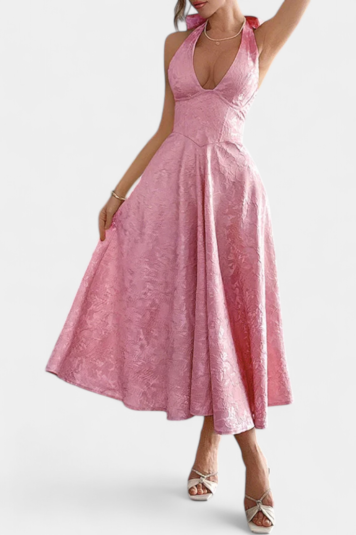 Vestido Gilda Midi Jacquard con Espalda Abierta y Cintura Alta