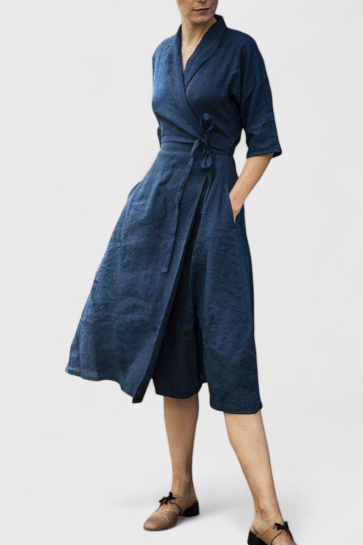 Sharon Vestido Midi Vintage de Algodón y Lino con Cuello de Solapa