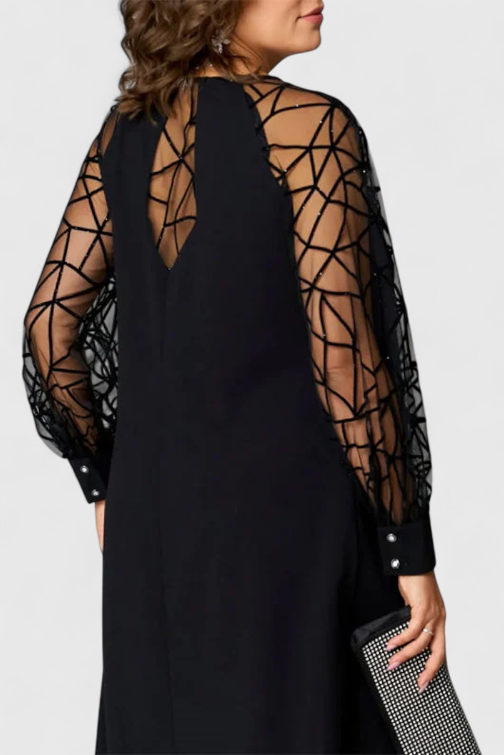 Bellezza Vestido Negro con Mangas de Malla y Corte Holgado