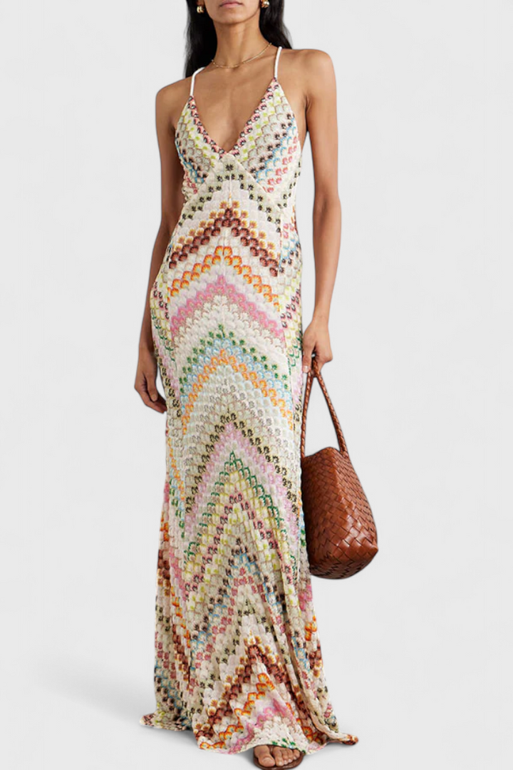 Vestido largo de encaje Agustina con escote en V y estampado en zigzag