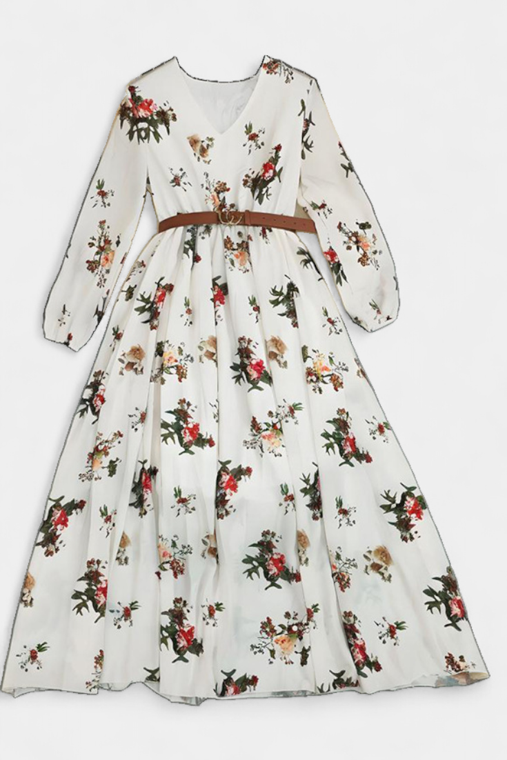 Vestido largo Amanda floral con escote en V y mangas largas