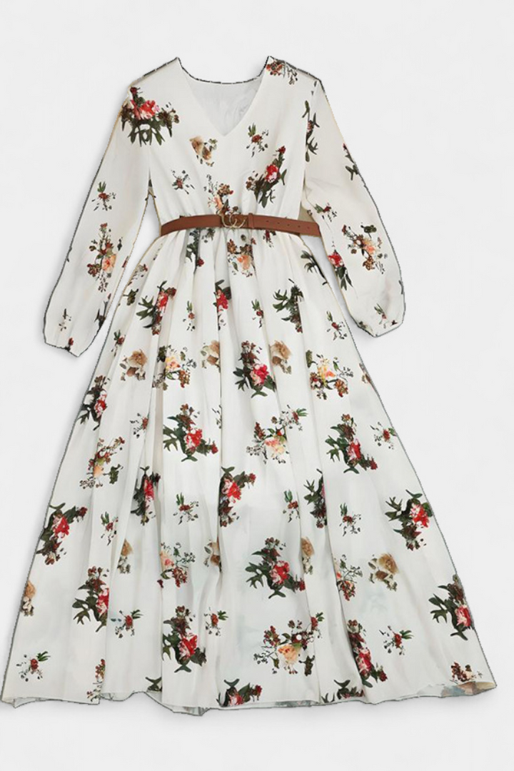 Vestido largo Amanda floral con escote en V y mangas largas