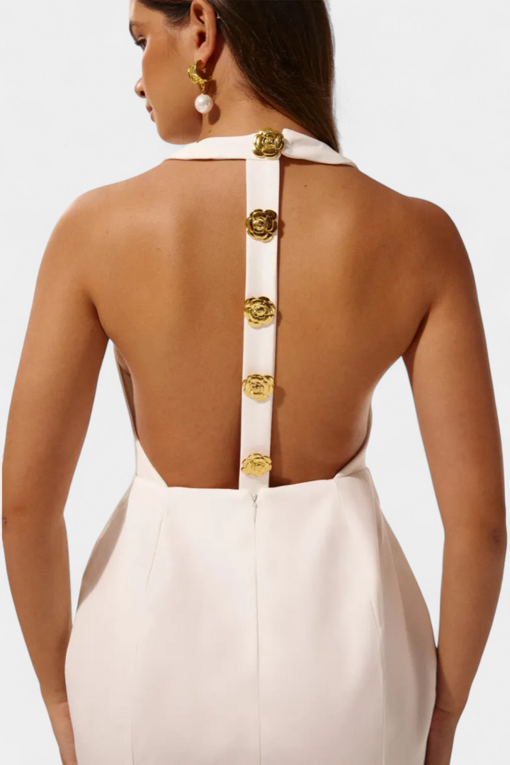 Yvonne Vestido Mini Escote Halter con Espalda Abierta y Detalle Floral