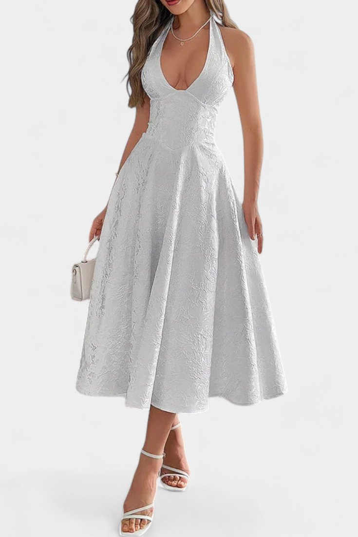 Vestido Gilda Midi Jacquard con Espalda Abierta y Cintura Alta