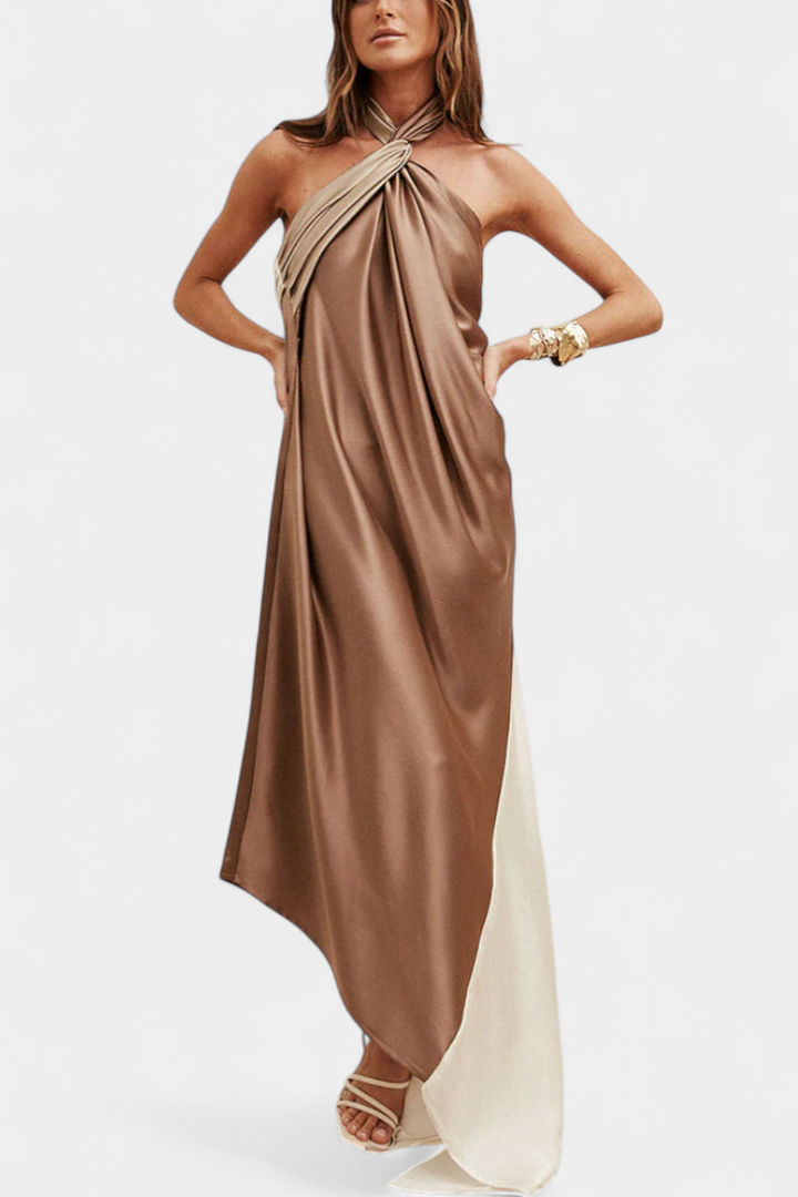 Rebecca Vestido Maxi Irregular de Color Bloque con Espalda Descubierta