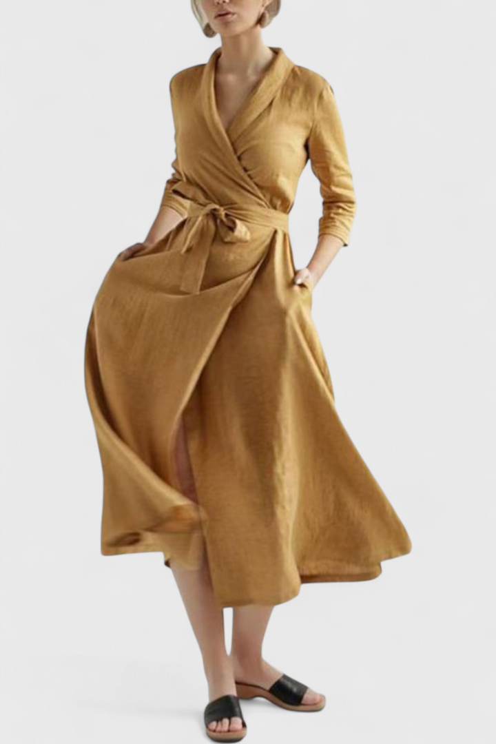 Sharon Vestido Midi Vintage de Algodón y Lino con Cuello de Solapa