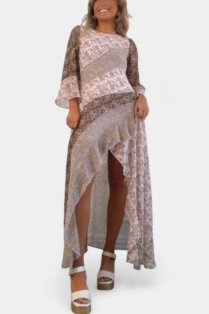 Ruth Vestido Largo Floral con Mangas 3/4 y Paneles Volantes