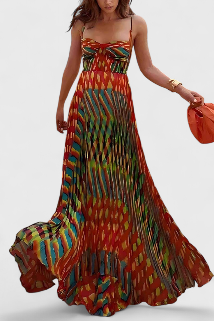 Vestido largo Janis con estampado artístico y escote halter en forma de corazón