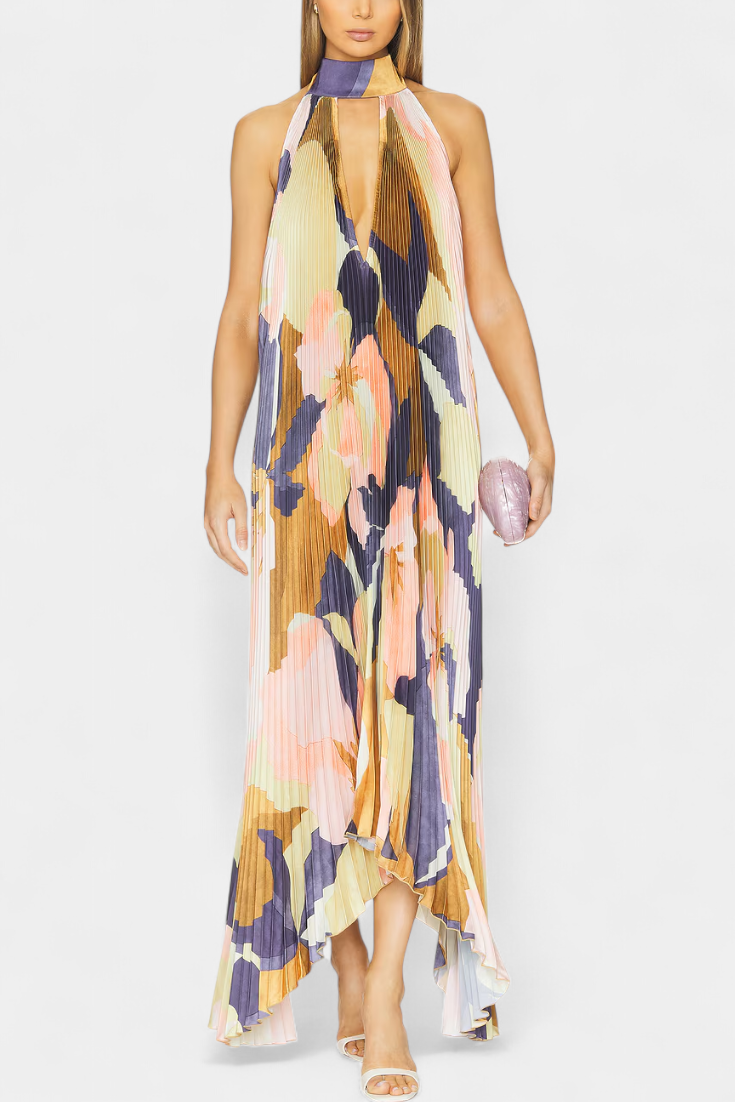 Giselle Vestido Largo Plisado con Escote Halter y Movimiento Elegante