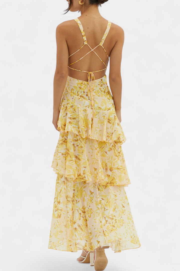 Domenica Vestido de Gasa con Escote en V y Capas Fluidas