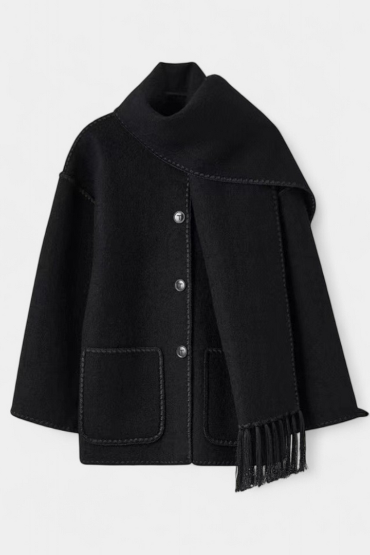 Pauline | Abrigo de Corte Suelto con Bufanda de Flecos Incorporada