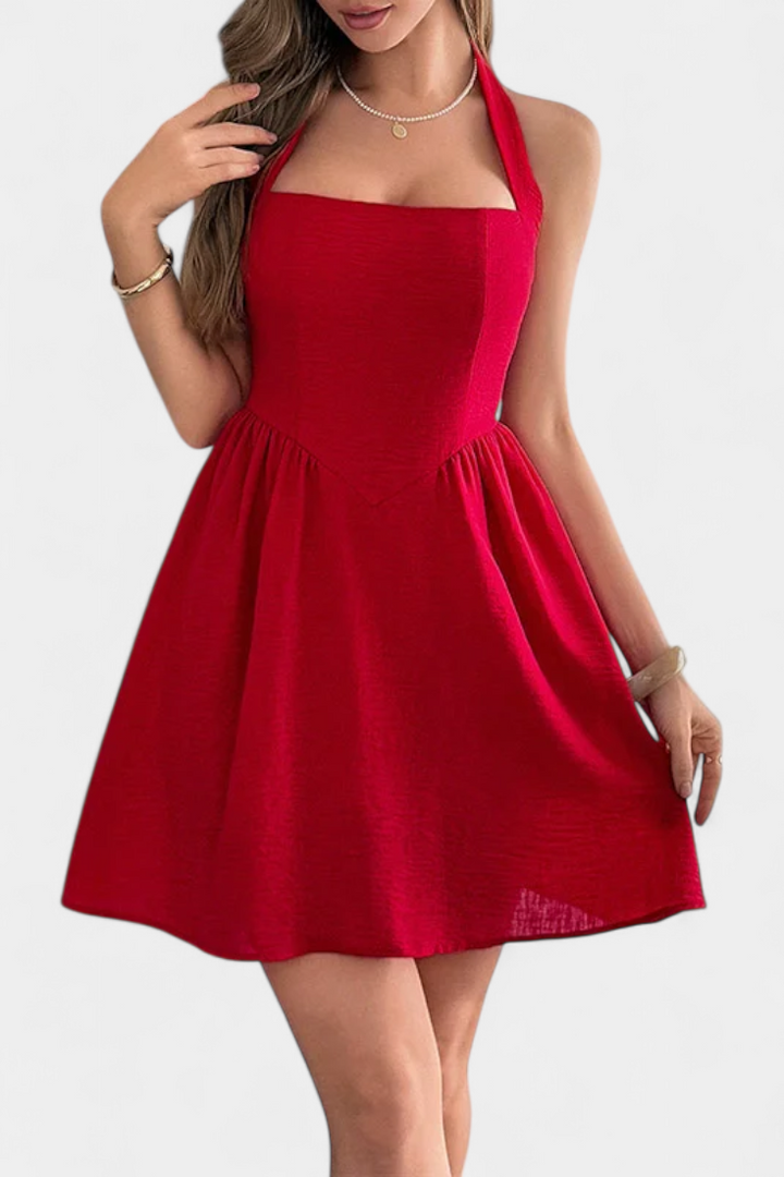 Kassandra Vestido Mini Halter con Espalda Abierta y Silueta Evasé