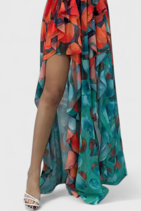 Andy Vestido Maxi Sin Mangas con Capas de Volantes y Abertura Gradiente