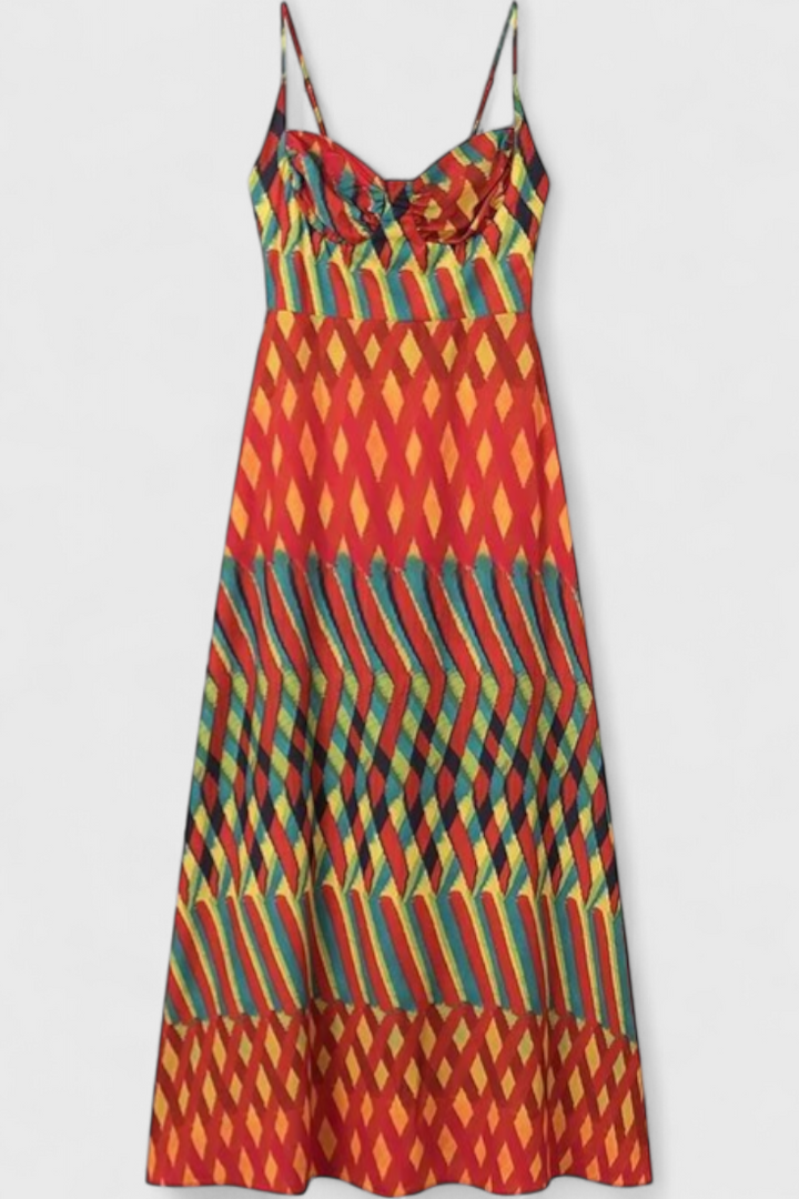 Vestido largo Janis con estampado artístico y escote halter en forma de corazón