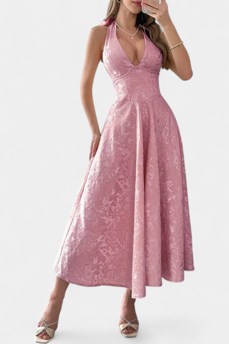 Vestido Gilda Midi Jacquard con Espalda Abierta y Cintura Alta