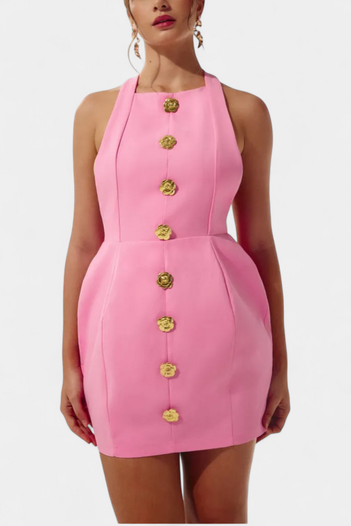 Yvonne Vestido Mini Escote Halter con Espalda Abierta y Detalle Floral