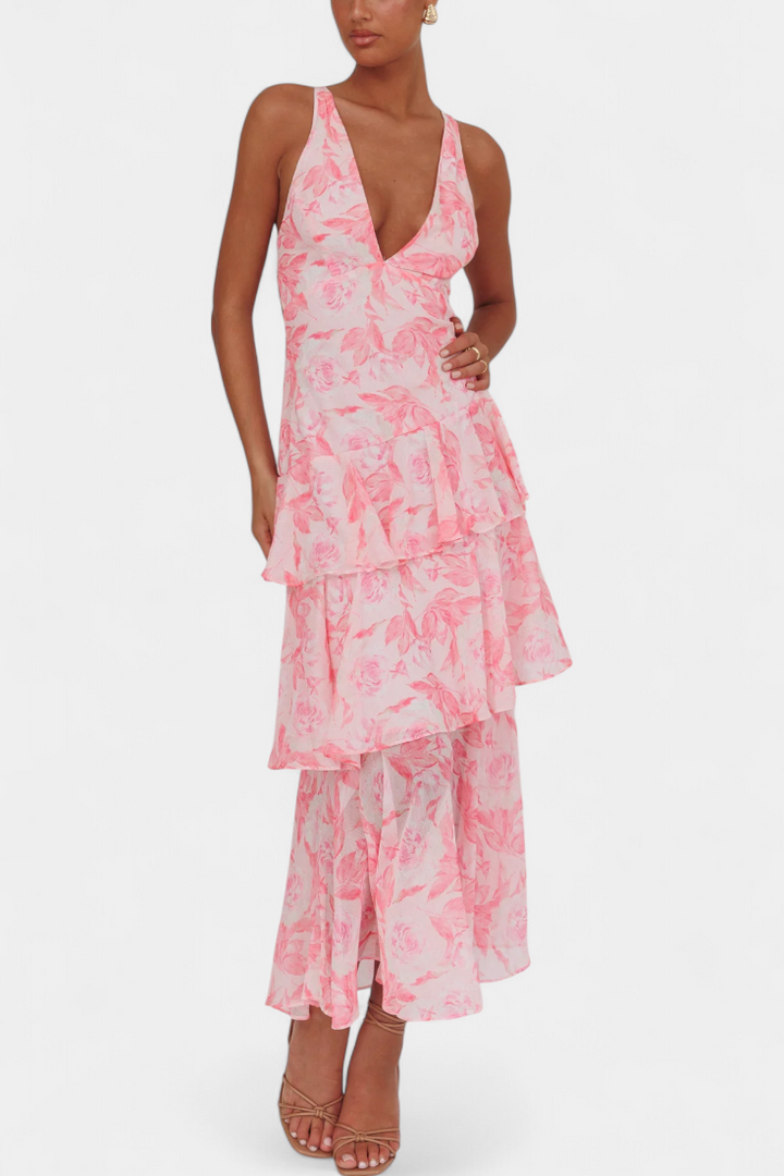 Domenica Vestido de Gasa con Escote en V y Capas Fluidas