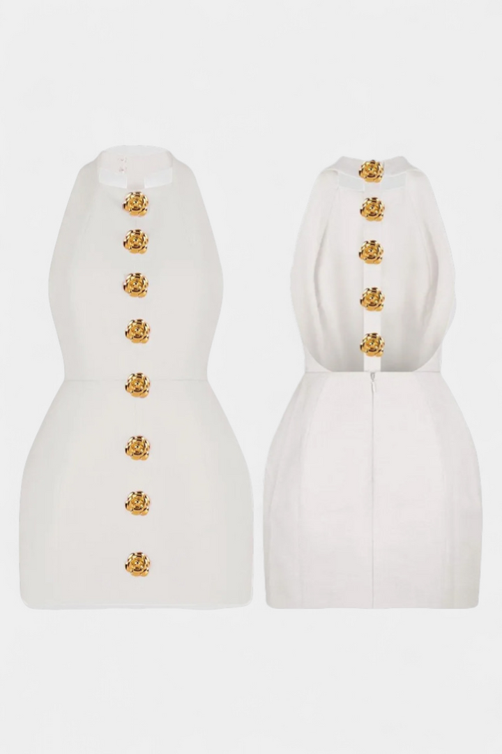 Yvonne Vestido Mini Escote Halter con Espalda Abierta y Detalle Floral