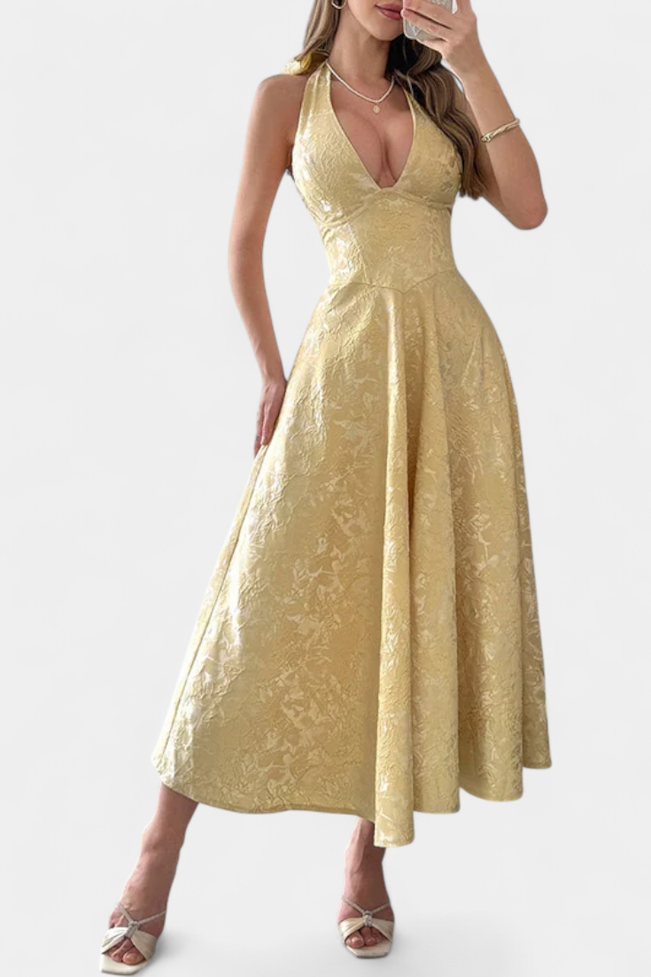 Vestido Gilda Midi Jacquard con Espalda Abierta y Cintura Alta