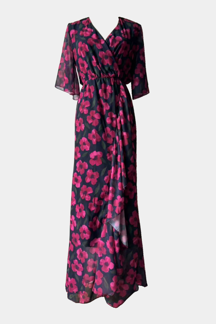 Sima Vestido Cruzado Estampado con Escote en V y Mangas Acampanadas