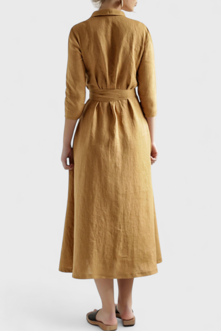 Sharon Vestido Midi Vintage de Algodón y Lino con Cuello de Solapa