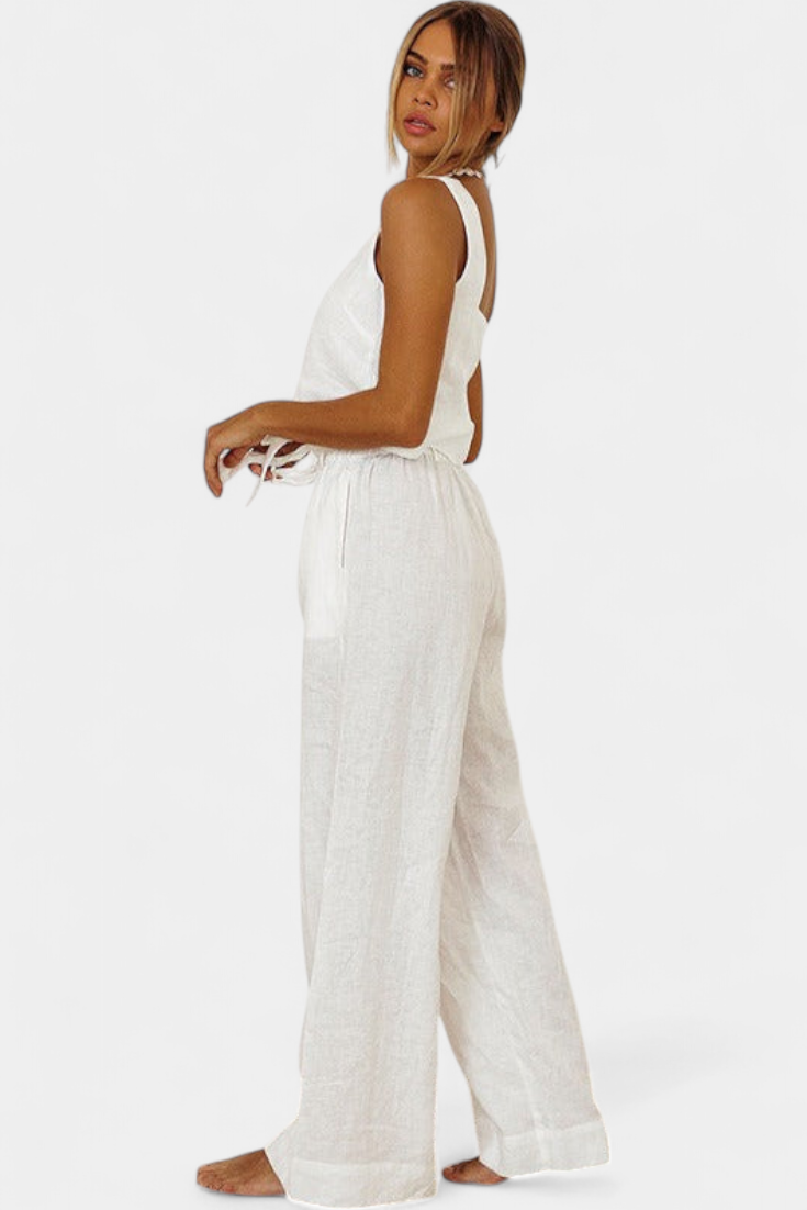 Conjunto Pascuala de lino de dos piezas con blusa sin mangas y pantalón fluido