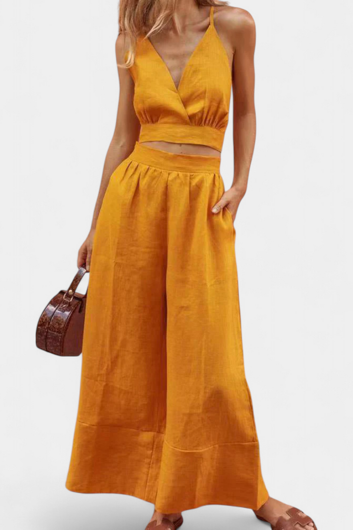 Valentina Conjunto de Chaleco de Encaje de Espalda Abierta y Pantalones Anchos