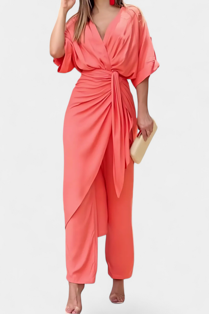 Mayleen Conjunto Cruzado con Lazo Frontal y Pantalón Recto